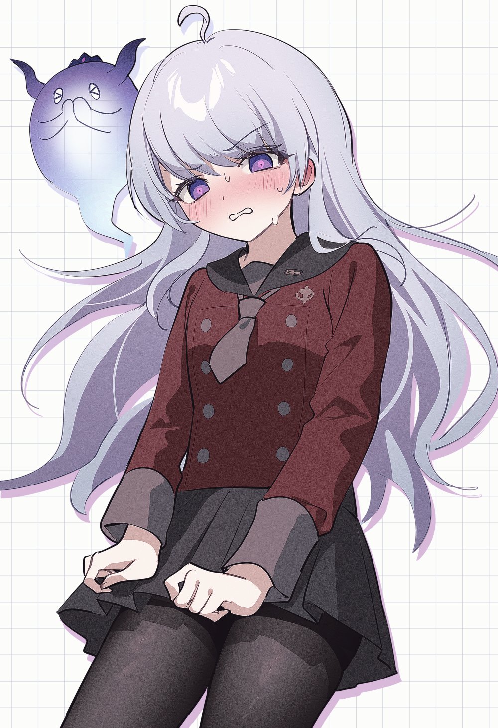 1boy, 4ro_1011, ahoge, black_skirt, blush, brown_necktie, clenched_teeth, crossdressing