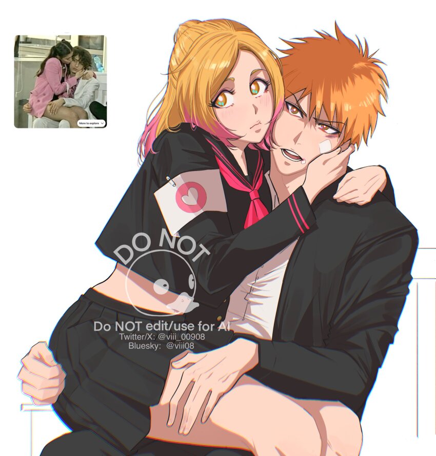 1boy, 1girl, black_jacket, black_pants, black_skirt, bleach, brown_eyes, couple