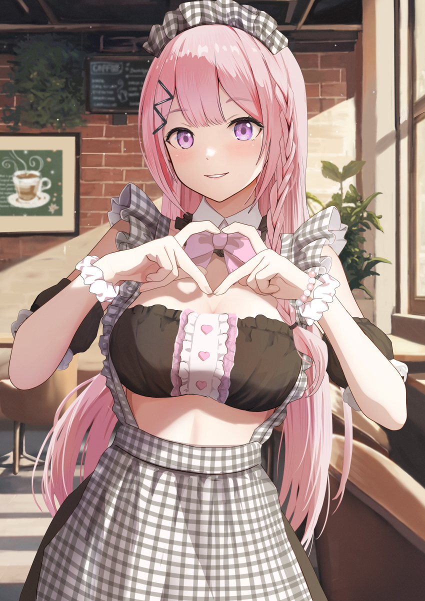 1girl, absurdres, apron, black_tube_top, bow, bowtie, brick_wall, cafe, commentary_request, gibun_(sozoshu), grin, heart, heart_hands, highres, indoors, long_hair, looking_at_viewer, maid, maid_headdress, original, parted_lips, pink_bow, pink_bowtie, pink_hair, plaid_apron, plaid_clothes, plaid_headdress, revision, smile, solo, standing, strapless, tube_top, window