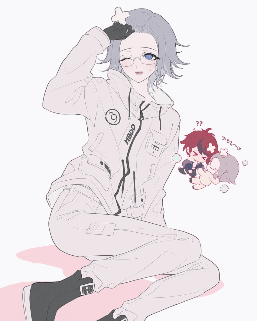 2boys, 4ro_1011, ?, aotsuki_eito, arm_up, belt, black_boots, black_gloves