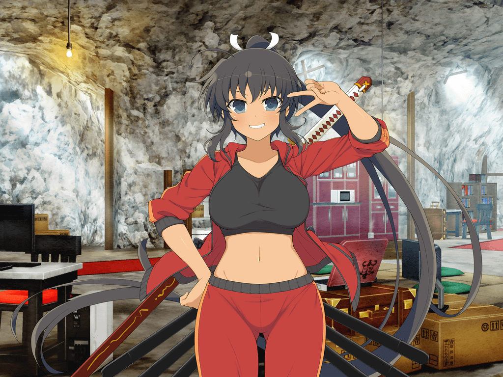 1girl, ahoge, black_hair, black_sports_bra, blush, bookshelf, box, breasts