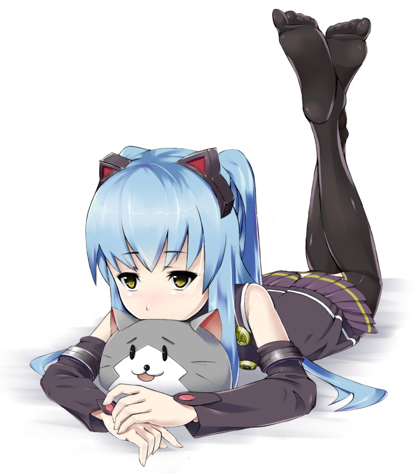 1girl, animal_ears, black_thighhighs, blue_hair, detached_sleeves, eiyuu_densetsu, falcom, feet, female_focus, highres, legs, long_hair, lying, meganu, on_stomach, pillow, skirt, solo, thighhighs, tio_plato, twintails, very_long_hair, white_background, yellow_eyes, zero_no_kiseki