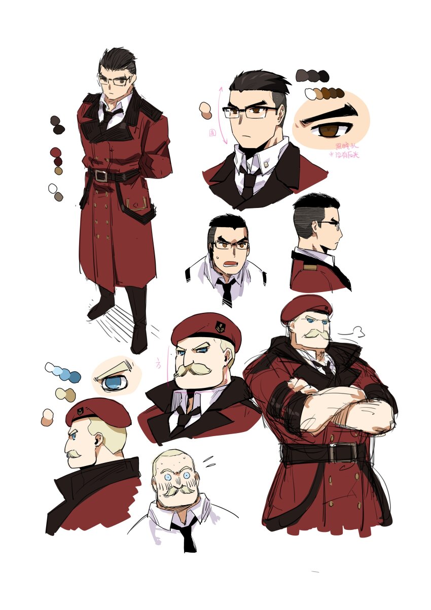 2boys, absurdres, bad_id, bad_twitter_id, beret, black_hair, blonde_hair, blush, character_name, chinese_commentary, chinese_text, colorized, commander_(girls'_frontline), commentary_request, crossed_arms, facial_hair, feodor_kamolovich_kamolov_(girls'_frontline), girls'_frontline, glasses, griffin_&amp;_kryuger_military_uniform, hat, highres, korean_commentary, miharu_(cgsky), military, military_uniform, multiple_boys, mustache, necktie, official_art, shi_jun_(girls'_frontline), short_hair, simple_background, sleeves_rolled_up, translation_request, very_short_hair, white_background