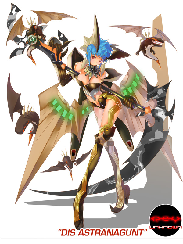 1girl, banpresto, blue_hair, breasts, cleavage, crossed_legs, dis_astranagant, female_focus, ky_(nimbusky), large_breasts, mecha_musume, midriff, navel, pointy_shoes, red_eyes, scythe, shoes, short_hair, smile, solo, super_robot_wars, teeth, watson_cross, wings