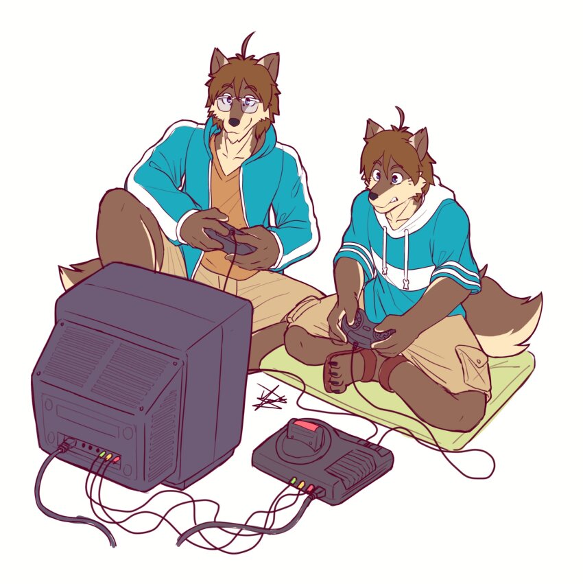2boys, ahoge, animal_ears, blue_hoodie, blue_jacket, brown_sandals, brown_shirt, brown_shorts, cable, claws, commentary, controller, english_commentary, furry, furry_male, game_console, glasses, highres, holding, holding_controller, hood, hood_down, hooded_jacket, hoodie, indian_style, jacket, male_focus, morenatsu, morenatsu:_homecoming, multiple_boys, playing_games, playing_video_games, sandals, sega_mega_drive, shirt, shorts, shun_kodori, signature, sitting, smile, sol_kanonn, tail, television, white_background, wolf_boy, wolf_ears, wolf_tail