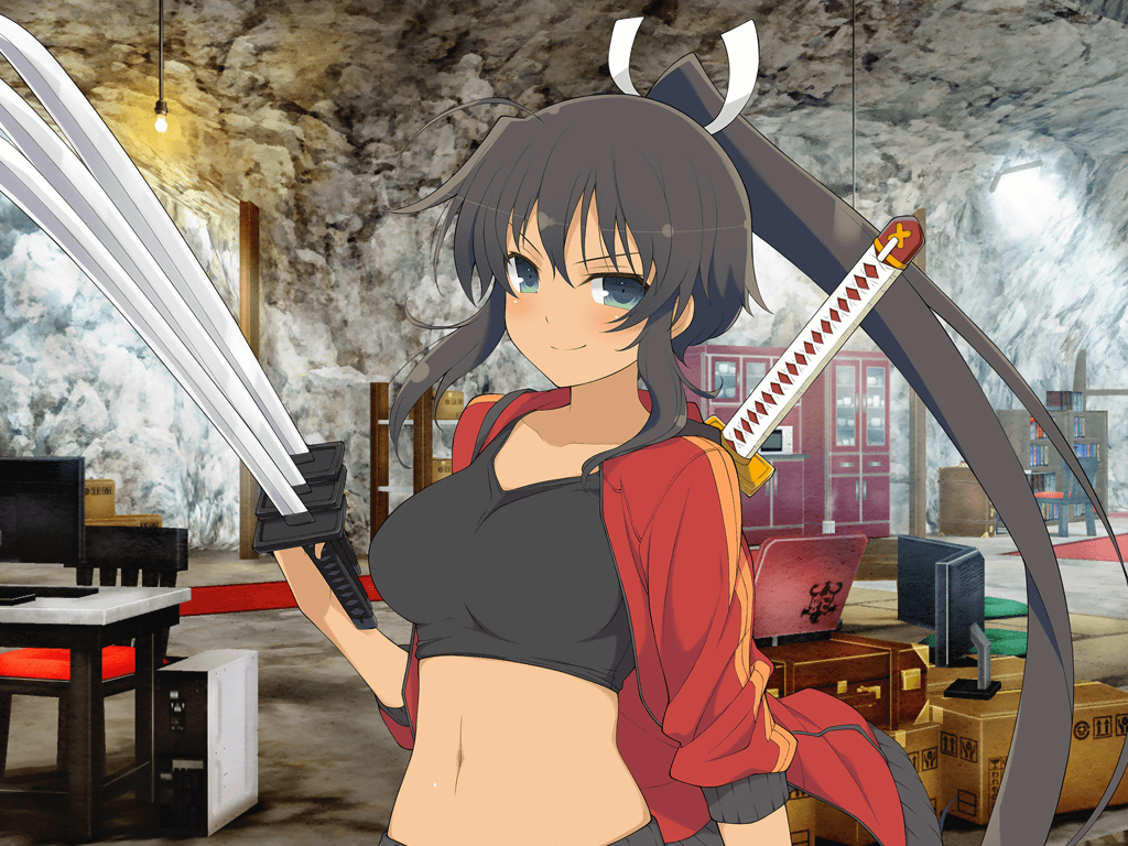 1girl, black_hair, black_sports_bra, blush, bookshelf, box, breasts, cabinet