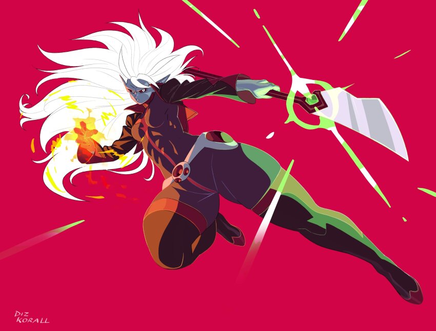 1girl, absurdres, artist_name, black_boots, blue_skin, bodysuit, boots, breasts