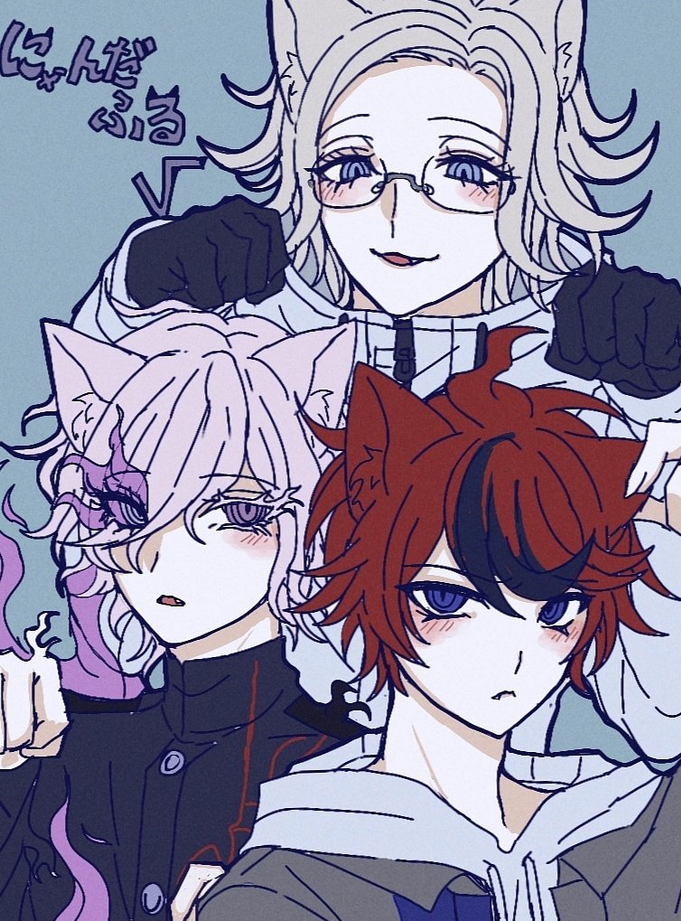 3boys, ahoge, animal_ears, aotsuki_eito, black_gloves, black_hair, blue_background, blue_eyes