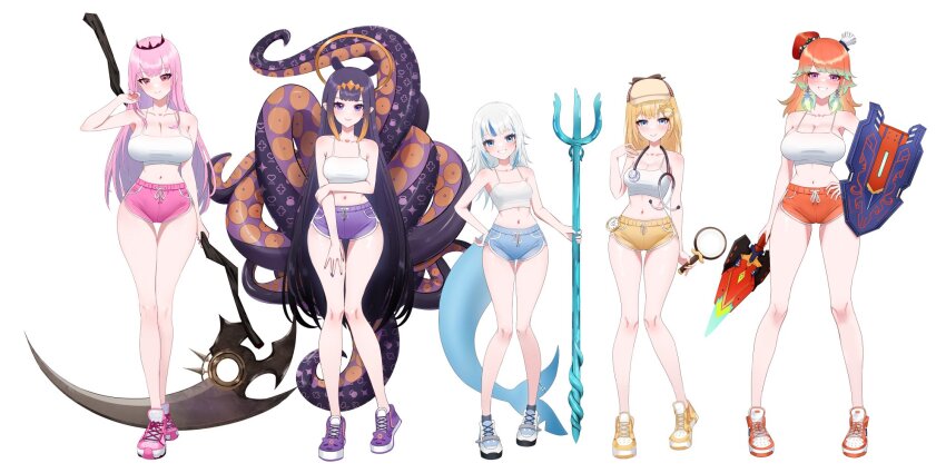 5girls, alternate_costume, black_tiara, blonde_hair, blue_eyes, blue_hair, blunt_bangs, blush