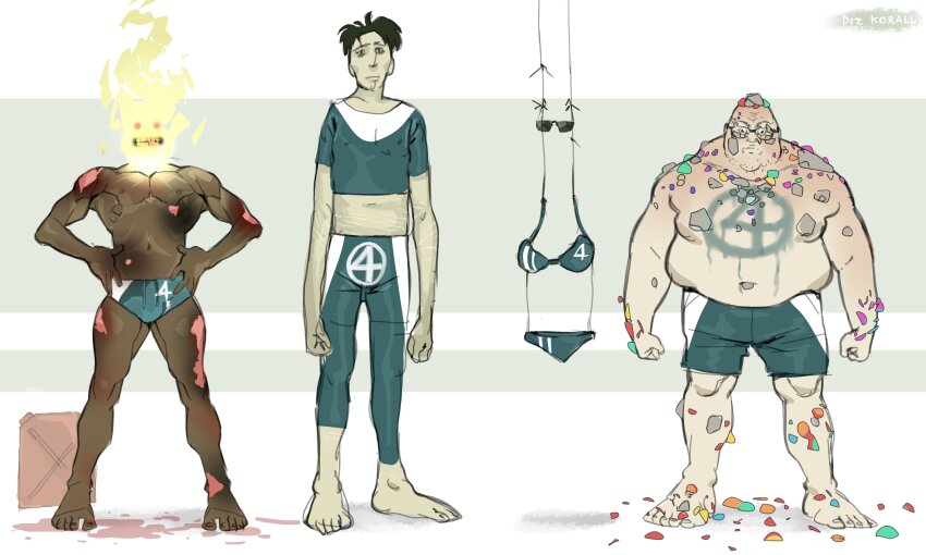 1girl, 3boys, absurdres, artist_name, bald, barefoot, ben_grimm, bikini