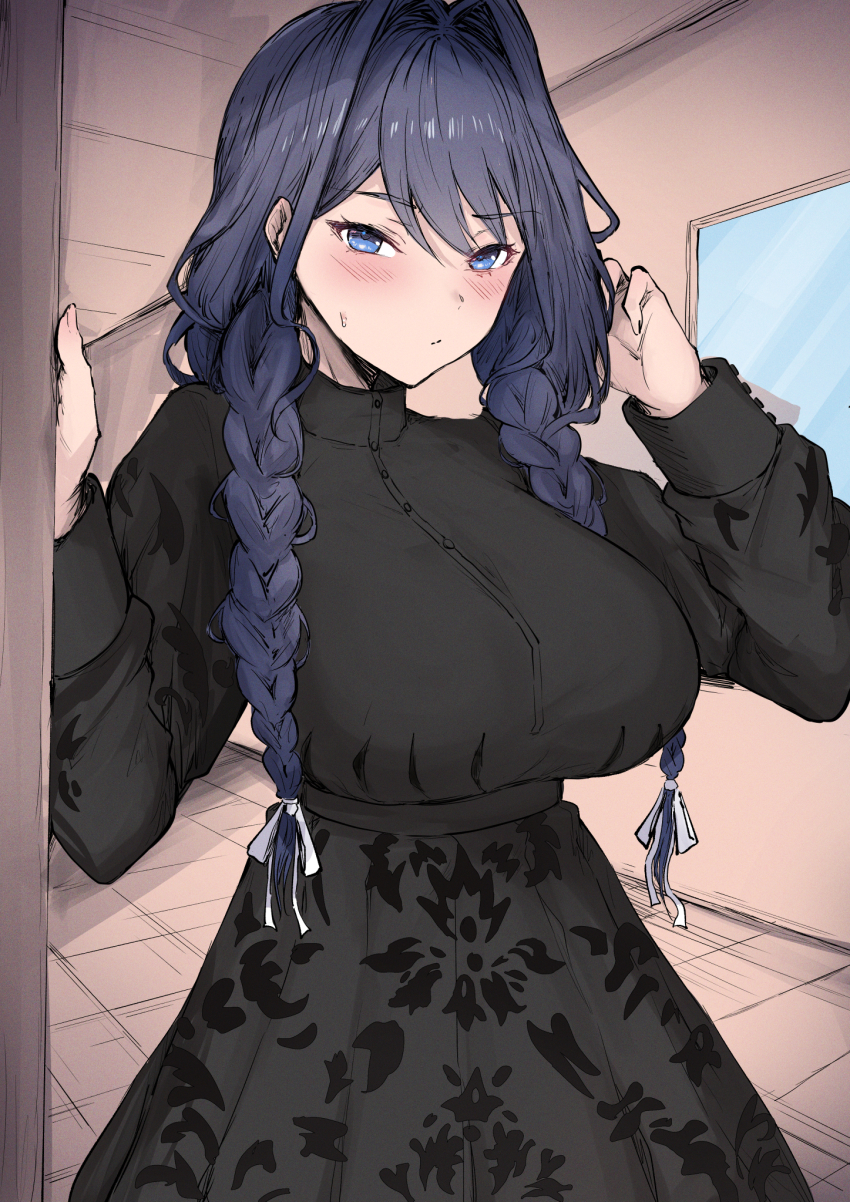 1girl, black_dress, black_hair, blue_eyes, blush, braid, breasts, dress