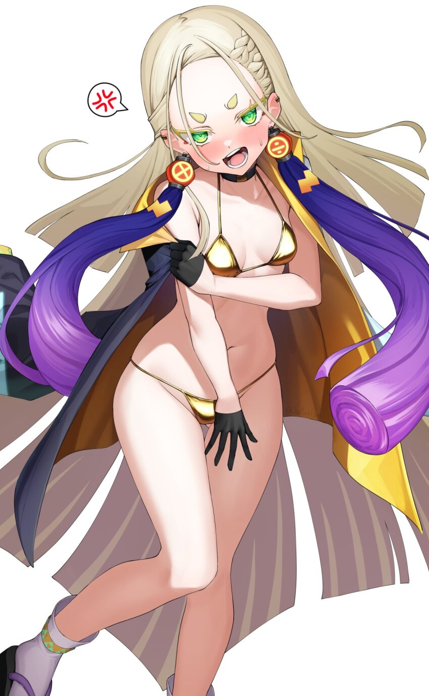 1girl, agibe, anger_vein, bikini, black_coat, blonde_hair, breasts, coat