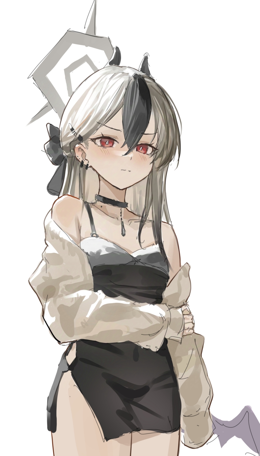 1girl, absurdres, black_bow, black_choker, black_dress, black_hair, black_horns, blue_archive