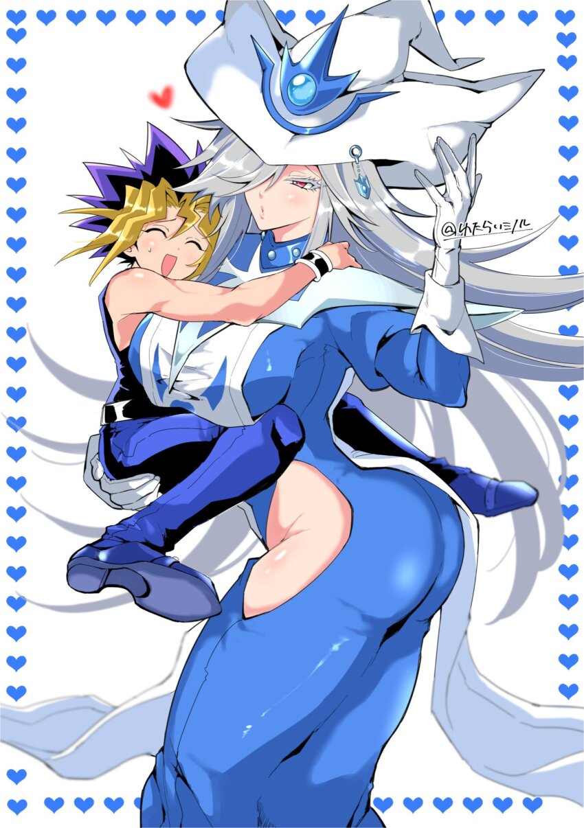 1boy, 1girl, bare_shoulders, black_hair, black_shirt, blonde_hair, blue_dress, blue_pants, breasts, carrying, carrying_person, closed_eyes, clothing_cutout, commentary_request, cowboy_shot, dress, duel_monster, grey_hair, hat, heart, highres, hip_vent, large_breasts, long_hair, medium_hair, mi_manu1950, muscular, muscular_male, muto_yugi, pants, purple_eyes, purple_hair, shirt, silent_magician, simple_background, size_difference, spiked_hair, twitter_username, white_background, white_hat, yu-gi-oh!, yu-gi-oh!_duel_monsters