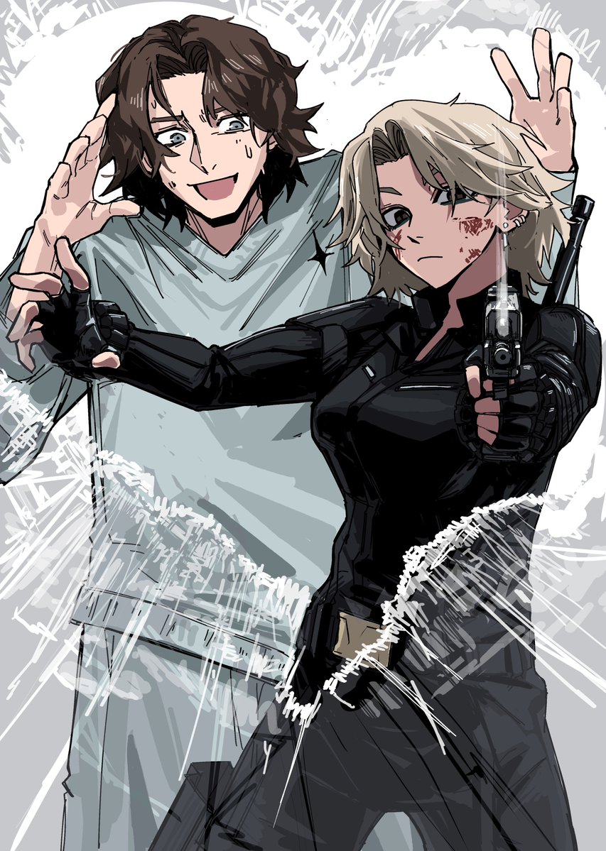 1boy, 1girl, animification, belt, black_gloves, blonde_hair, blood, bodysuit