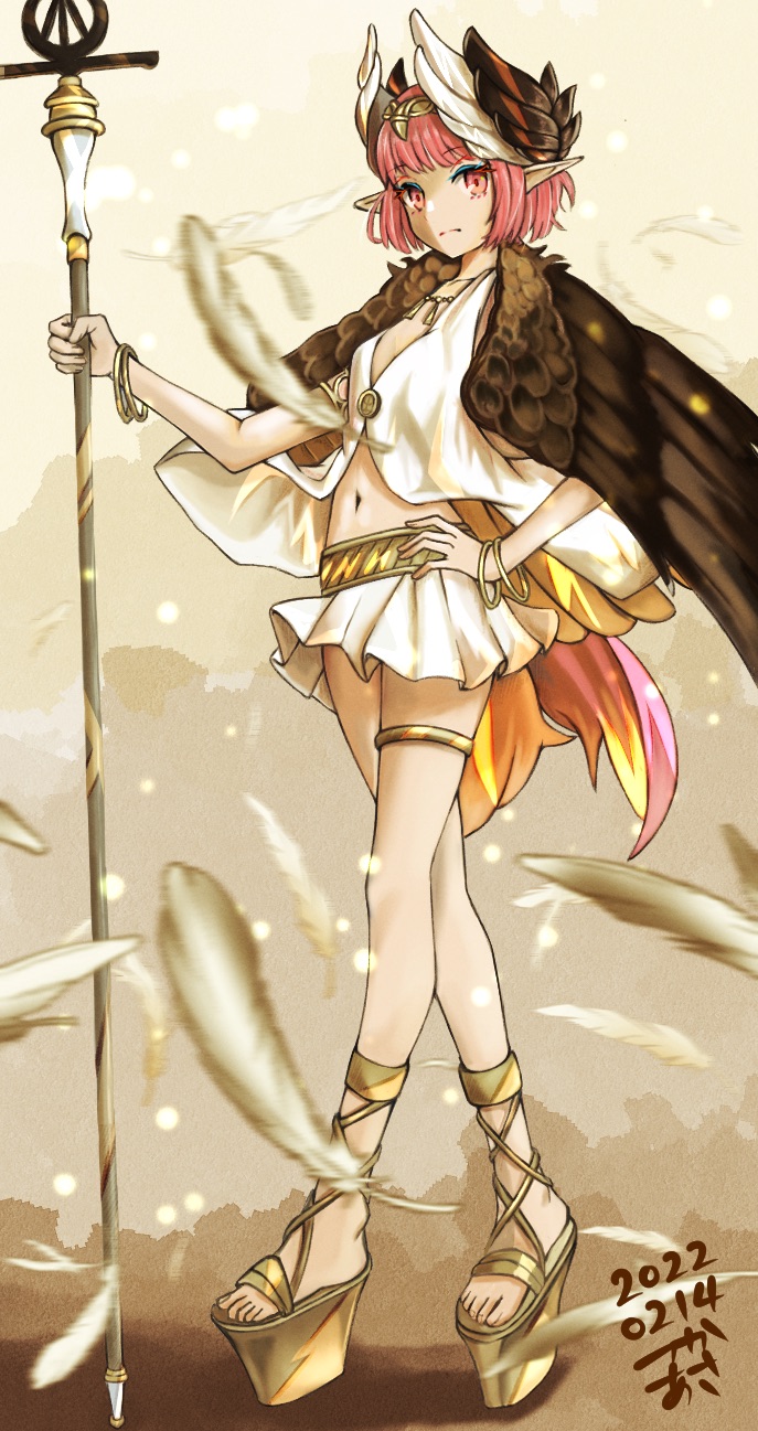 1girl, black_wings, blunt_bangs, bowed_wings, bracelet, circe_(fate), circe_(first_ascension)_(fate), closed_mouth, commentary_request, dated, dress, fate/grand_order, fate_(series), feathered_wings, feathers, gold_bracelet, gold_thighlet, hair_ornament, hand_on_own_hip, head_wings, highres, holding, holding_staff, jewelry, looking_at_viewer, navel, pink_eyes, pink_hair, platform_sandals, pointy_ears, sandals, short_hair, skirt, solo, staff, thighlet, tsukaasa, white_dress, white_skirt, wings