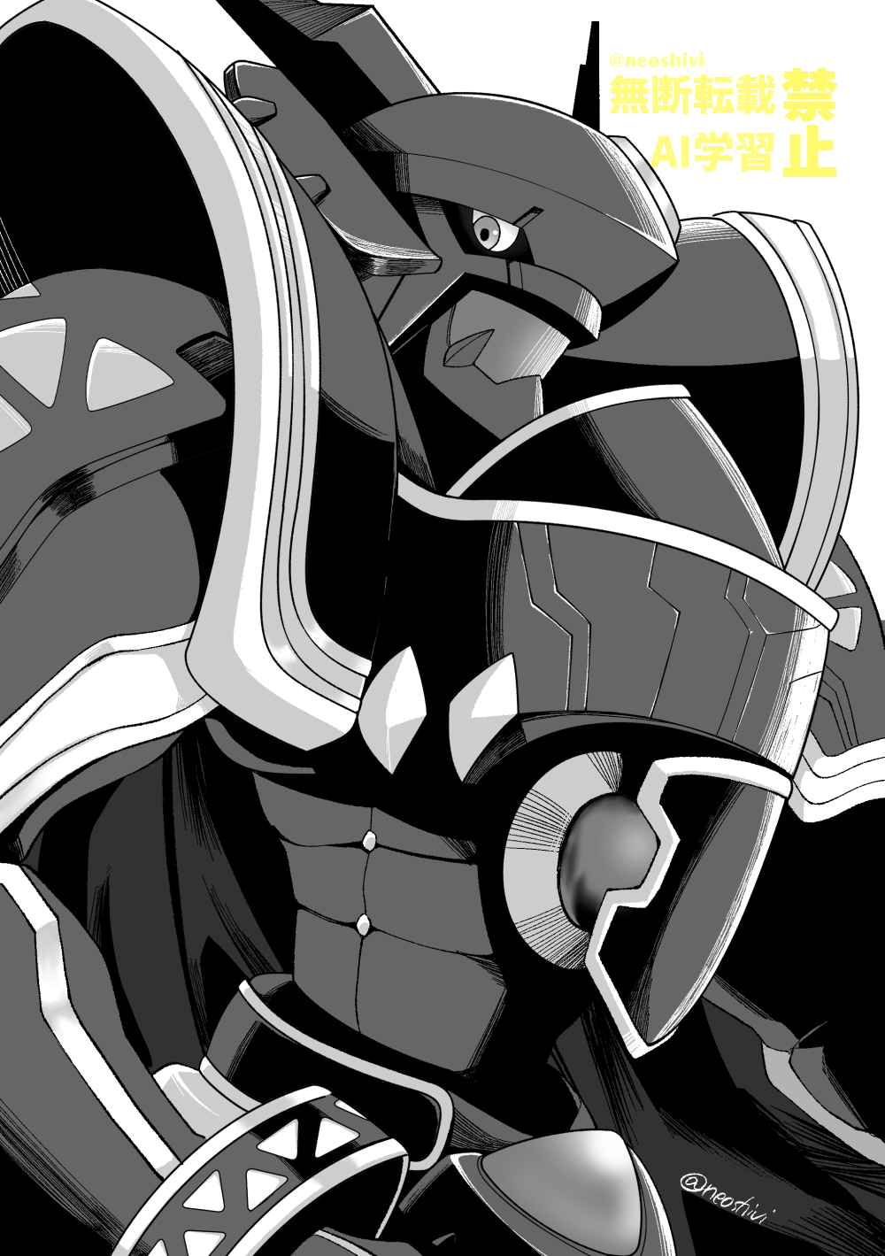 alphamon, armor, cape, digimon, digimon_(creature), digimon_story:_cyber_sleuth, forehead_jewel, greyscale