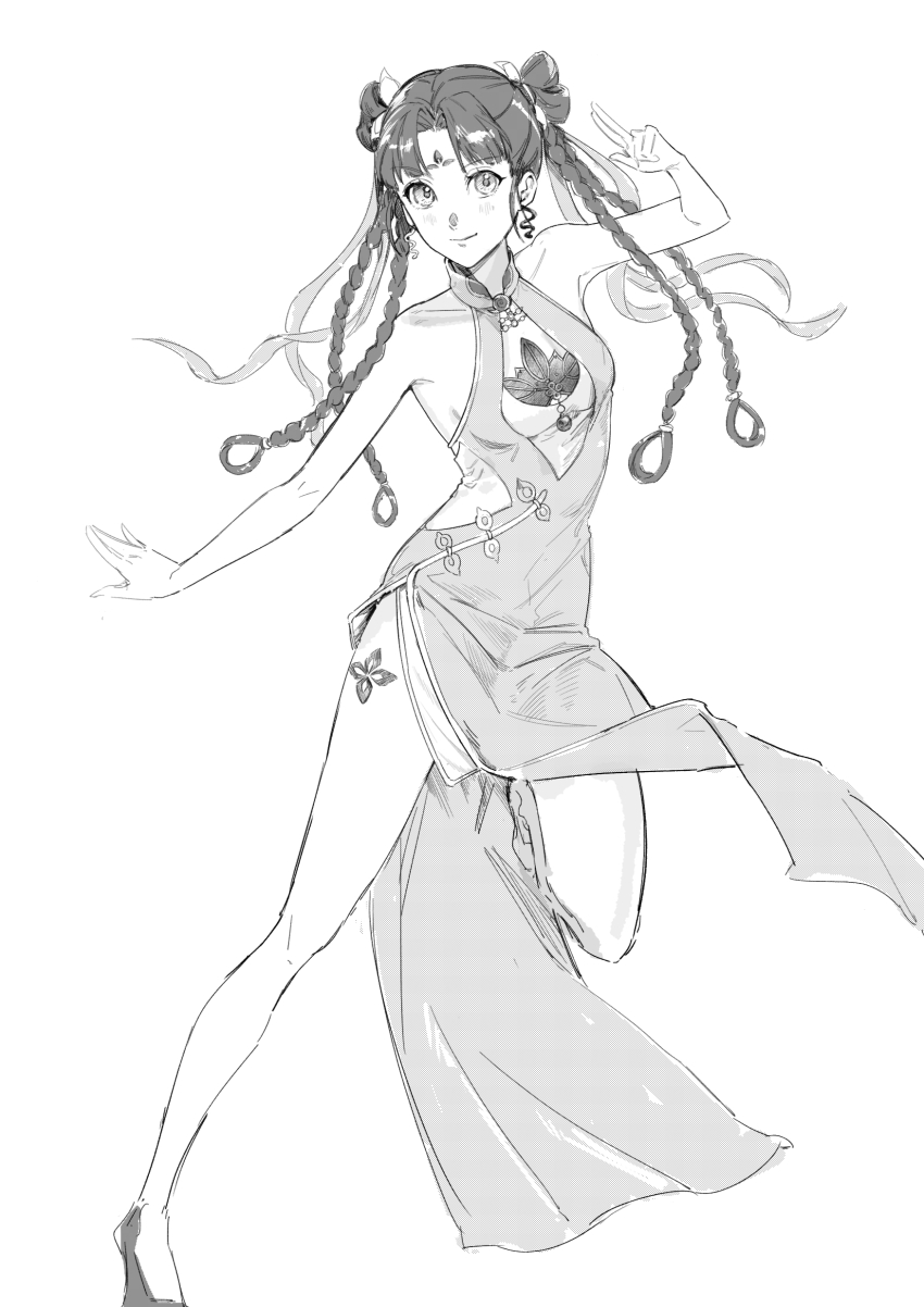 1girl, absurdres, bare_shoulders, braid, china_dress, chinese_clothes, closed_mouth, clothing_cutout