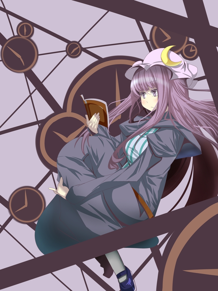 1girl, alternate_costume, book, clock, crescent, female_focus, frown, hat