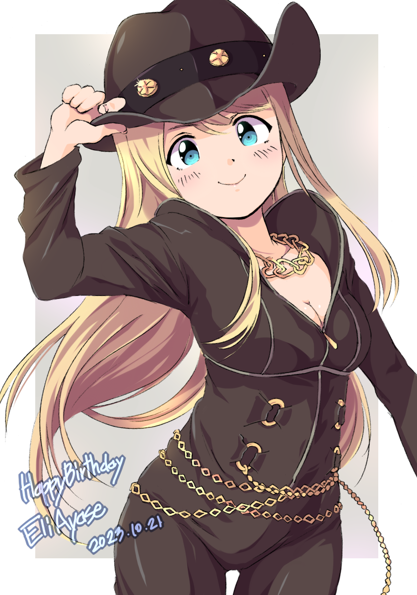 1girl, arm_up, ayase_eli, belly_chain, birthday, black_bodysuit, black_hat, blonde_hair