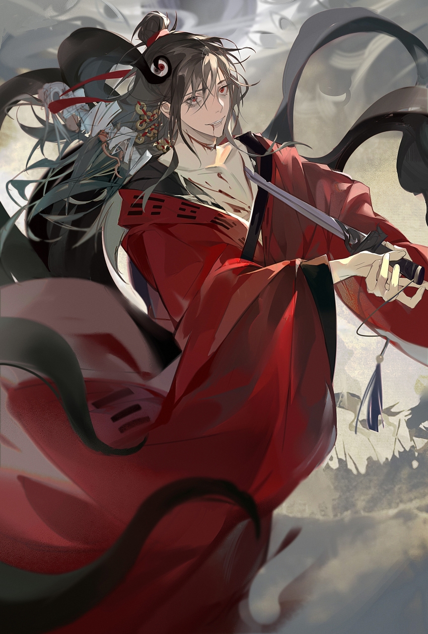 1boy, absurdres, bags_under_eyes, bandaged_weapon, bi_xie_jian_(weapon), bishounen, black_hair, black_hanfu