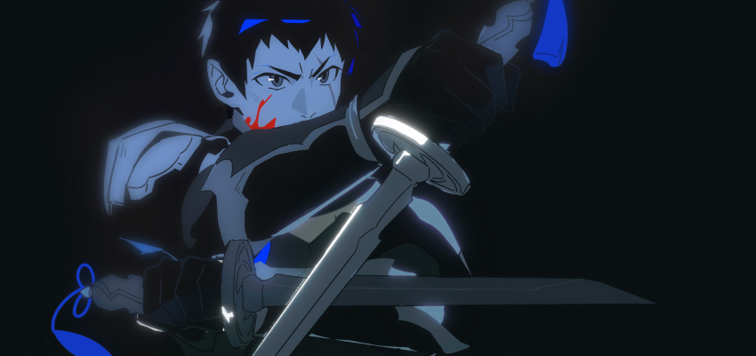 1boy, absurdres, black_gloves, black_hair, blood, blood_on_face, dagger, dual_wielding