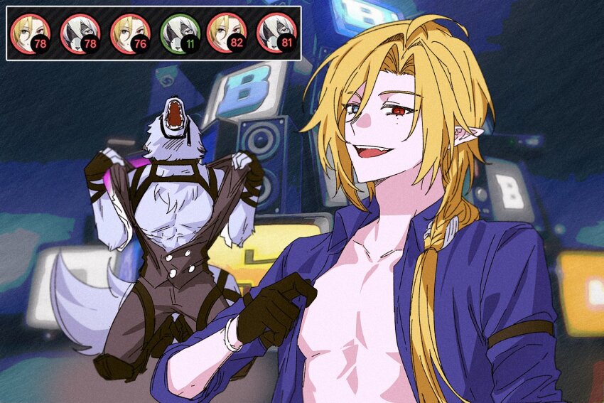 2boys, animal_ears, black_gloves, blonde_hair, braid, commentary_request, fangs, fingerless_gloves