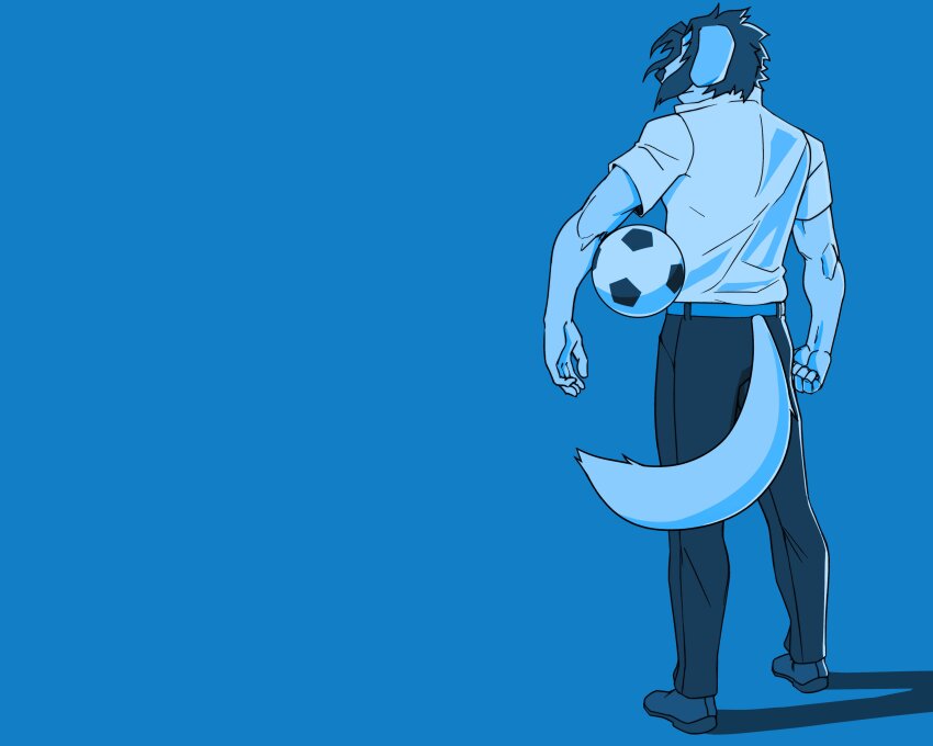 1boy, absurdres, animal_ears, ball, blue_background, blue_theme, clenched_hand, closed_mouth, commentary, devilizer, dog_boy, dog_ears, dog_tail, english_commentary, from_behind, furry, furry_male, highres, kyouji_takahara, male_focus, morenatsu, morenatsu:_homecoming, second-party_source, soccer_ball, tail