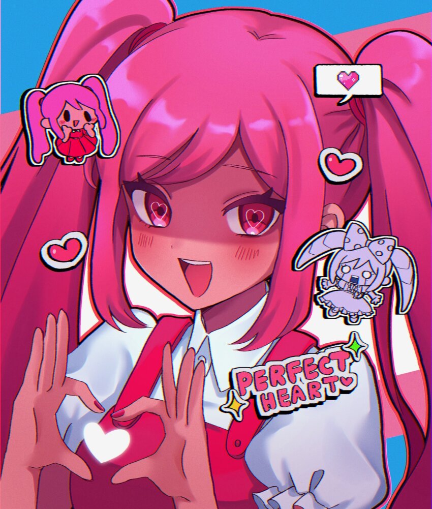 3girls, :d, blue_background, blush, character_name, chromatic_aberration, commentary, dark-skinned_female