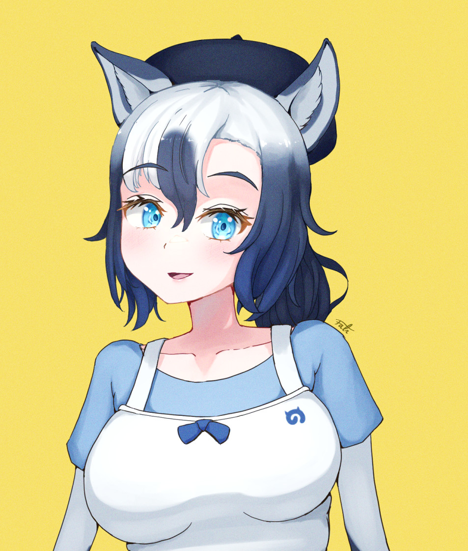 1girl, animal_ears, apron, beret, black_hair, black_hat, blue_bow, blue_eyes