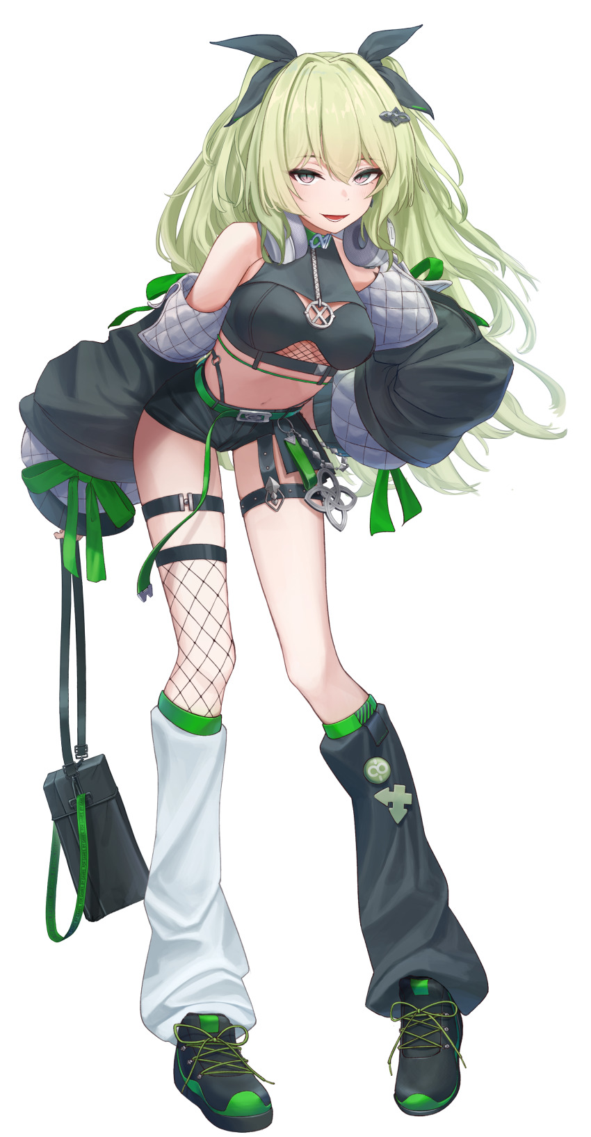 1girl, absurdres, asymmetrical_legwear, bag, black_leg_warmers, black_shoes, black_shorts, breasts