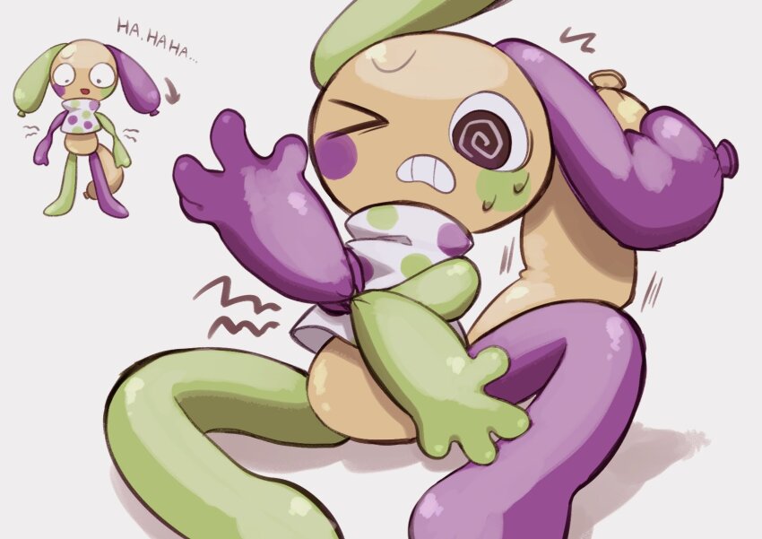 1boy, @_@, balloon, blush, blush_stickers, chibi, chibi_inset, chibi_only, colored_skin, dandy's_world, english_text, frown, highres, k2s2kv, looey_(dandy's_world), one_eye_closed, polka_dot, polka_dot_shirt, roblox, shirt, solo, solo_focus, sweatdrop, tail