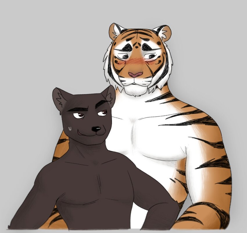 2boys, animal_ears, bara, blush, chang_(the_smoke_room), commentary, english_commentary, furry