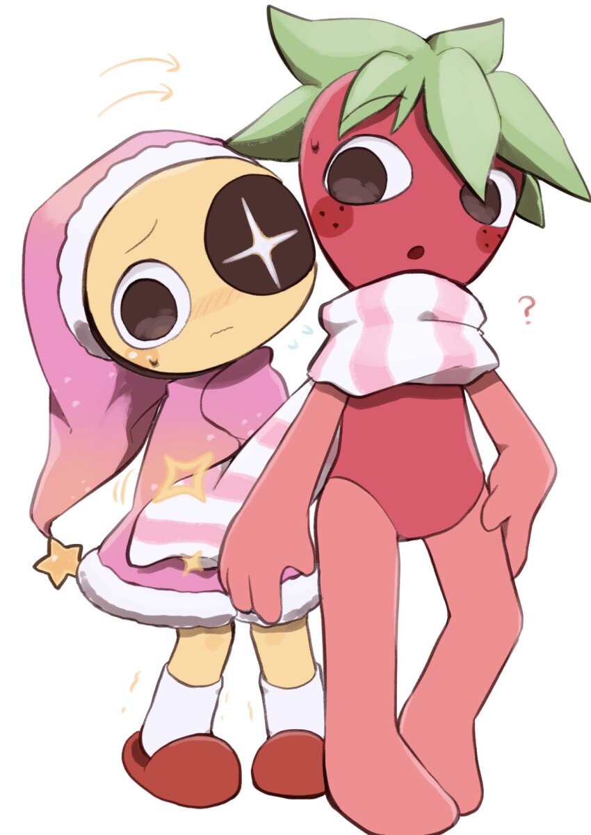 2boys, ?, arrow_(symbol), astro_(dandy's_world), black_eyes, blush_stickers, chibi, chibi_only