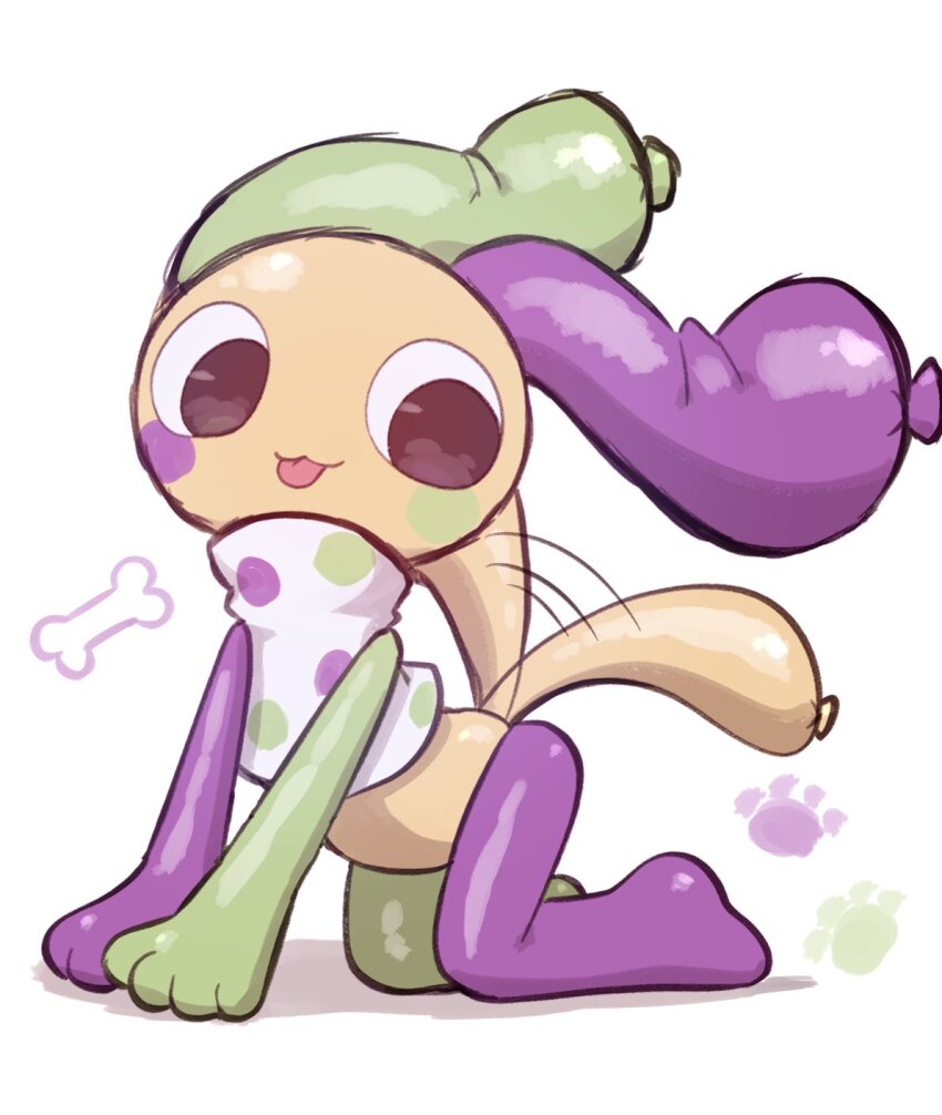 all_fours, animal_hands, balloon, black_eyes, blush_stickers, cartoon_bone, chibi, chibi_only, colored_skin, dandy's_world, highres, k2s2kv, looey_(dandy's_world), motion_lines, polka_dot, polka_dot_shirt, roblox, shirt, simple_background, tail, tail_wagging, tongue, tongue_out, white_background