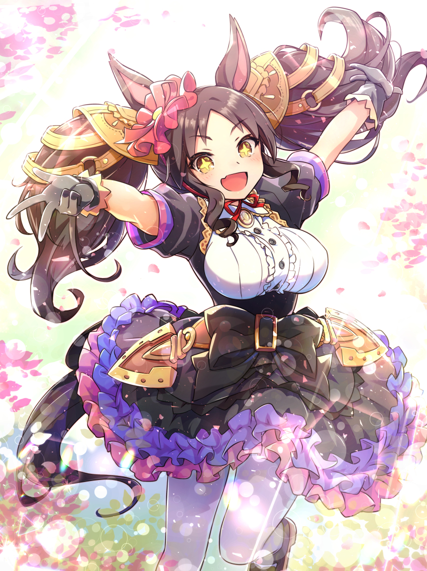 +_+, 1girl, absurdres, animal_ears, arms_up, black_hair, bow, breasts