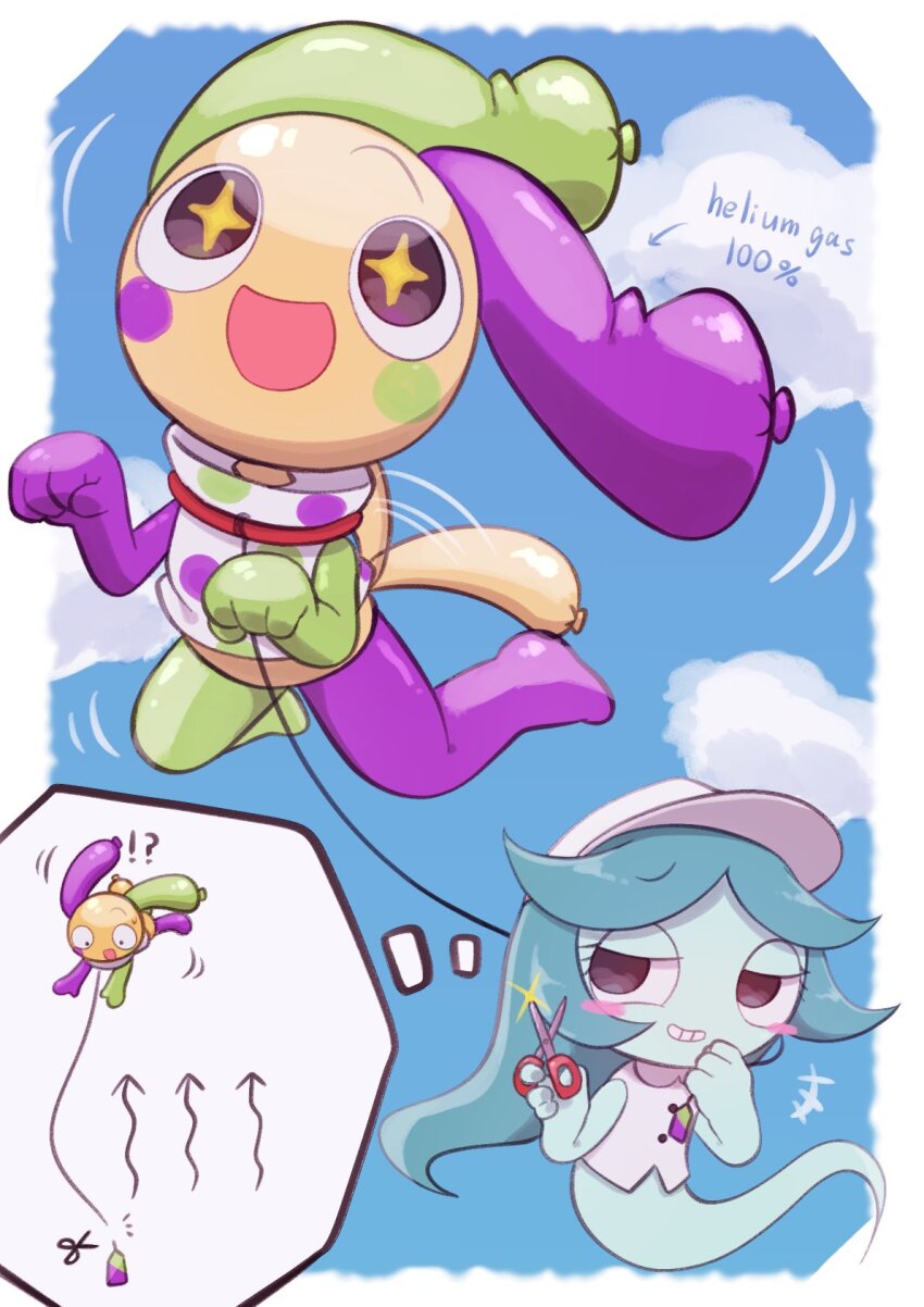 1boy, 1girl, animal_collar, aqua_hair, balloon, black_eyes, blue_hair, blush_stickers, chibi, chibi_inset, chibi_only, cloud, cloudy_sky, collar, colored_skin, connie_(dandy's_world), dandy's_world, english_text, ghost, ghost_tail, hat, highres, k2s2kv, leash, looey_(dandy's_world), motion_lines, polka_dot, polka_dot_shirt, roblox, scissors, shirt, sky, sparkling_eyes, tail, white_hat, white_shirt