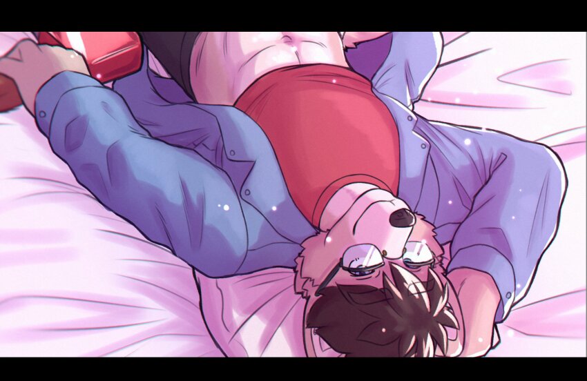 abs, animal_ears, blue_shirt, closed_mouth, commentary, dawn_chorus, english_commentary, furry