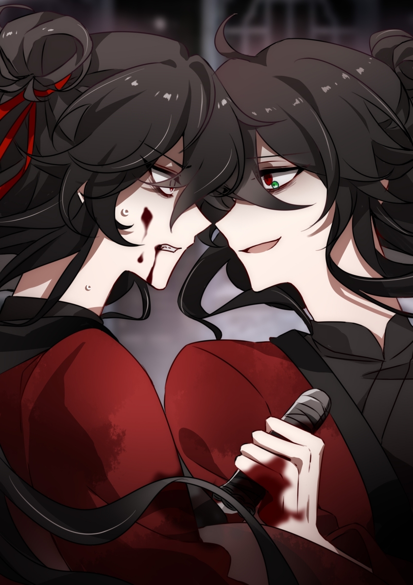 2boys, absurdres, ahoge, black_hair, black_hanfu, blood, blood_from_mouth, blood_on_clothes
