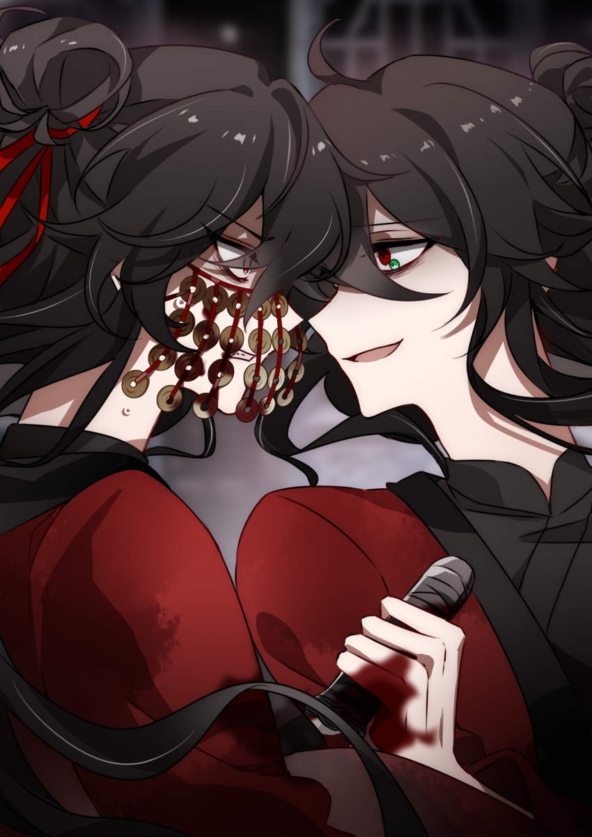 2boys, absurdres, ahoge, bags_under_eyes, black_hair, black_hanfu, blood, blood_on_clothes