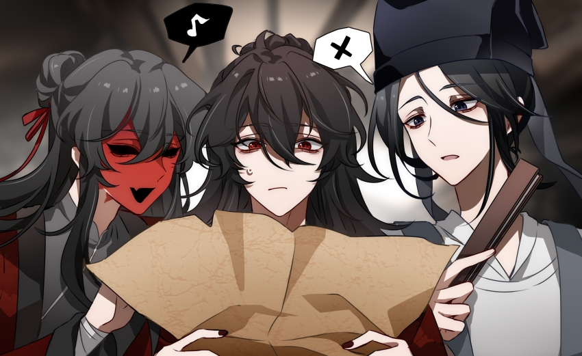 3boys, absurdres, bandaged_arm, bandages, black_eyes, black_hair, black_hanfu, black_hat