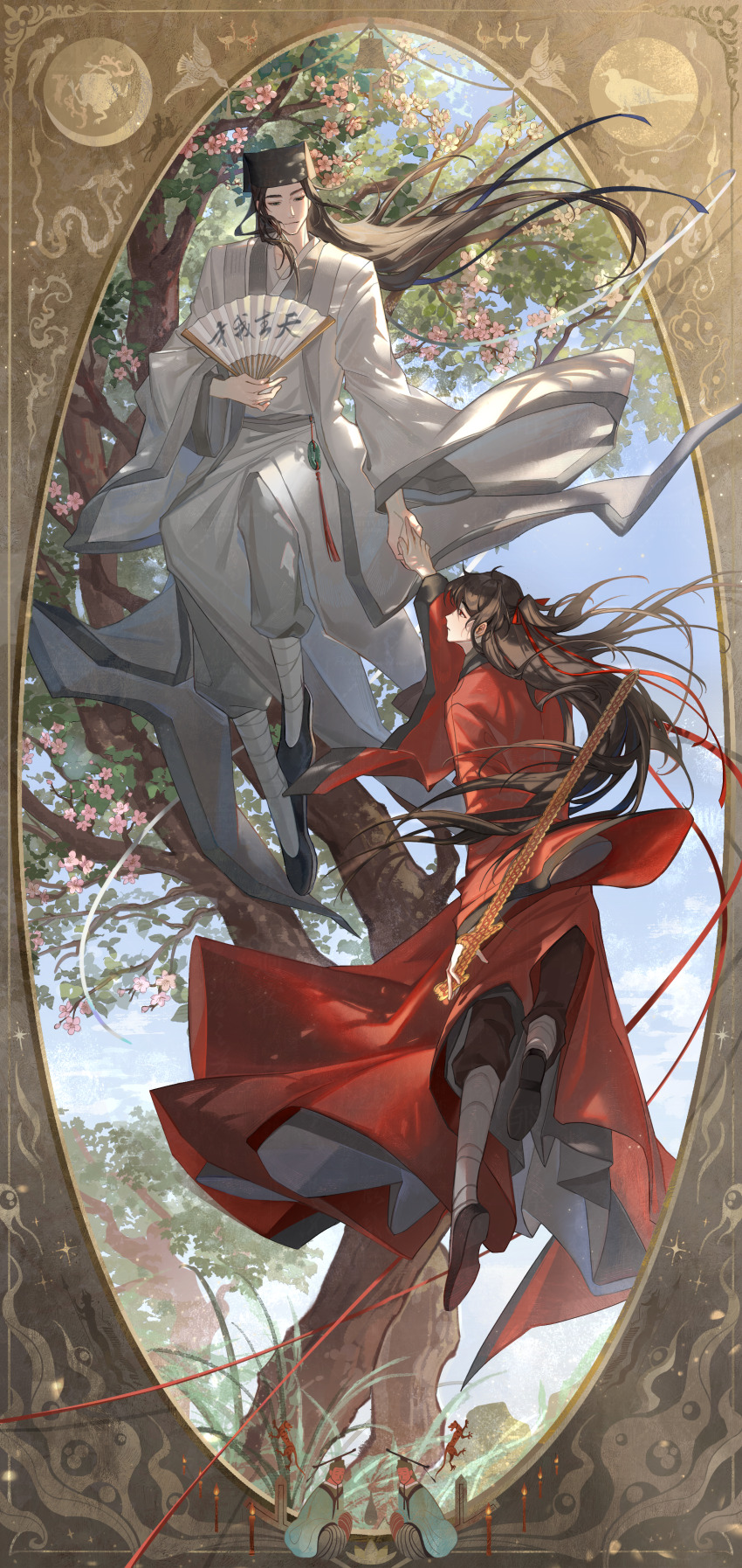 2boys, absurdres, bishounen, black_eyes, black_hair, black_hat, black_pants, black_shoes