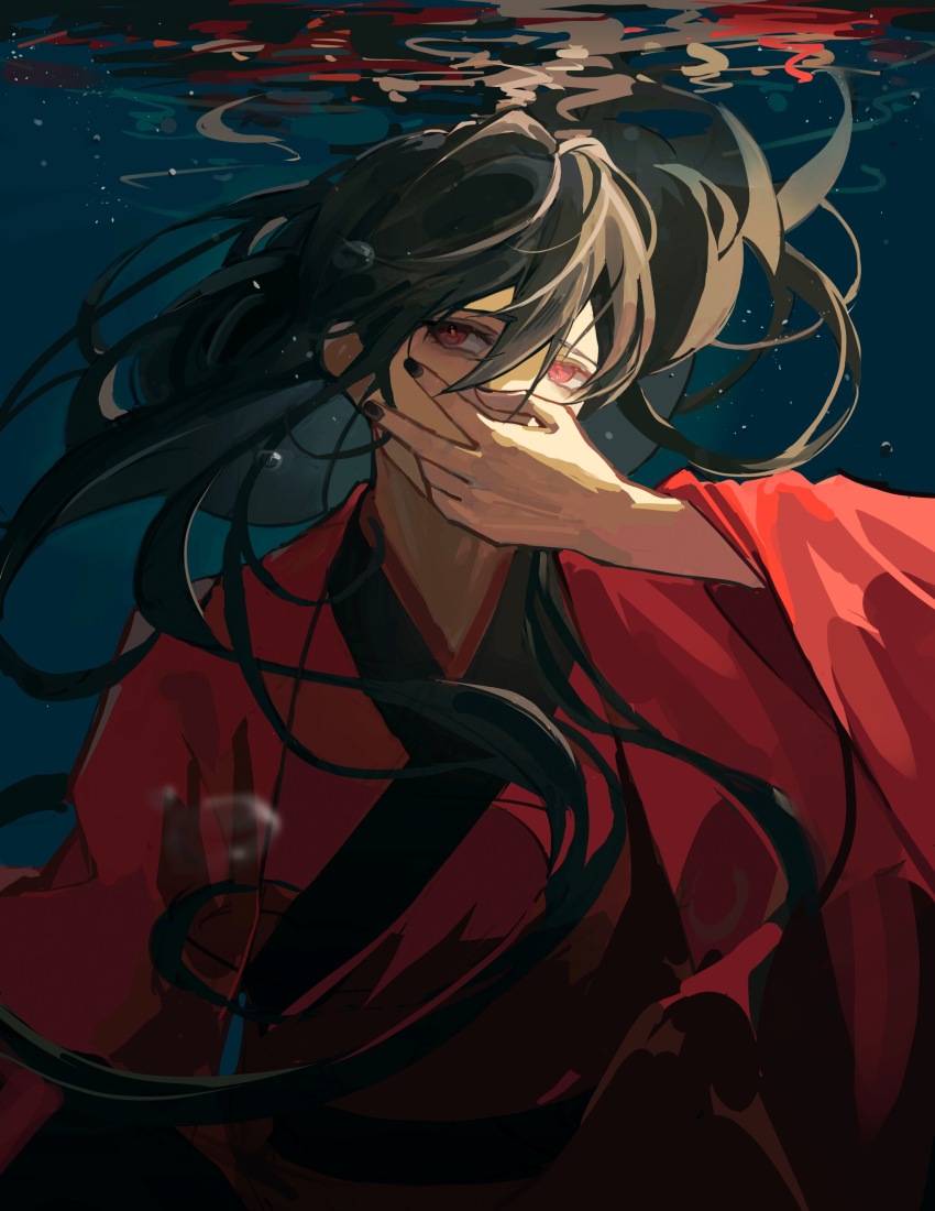 1boy, absurdres, air_bubble, black_hair, black_nails, bubble, chinese_clothes, chinese_commentary