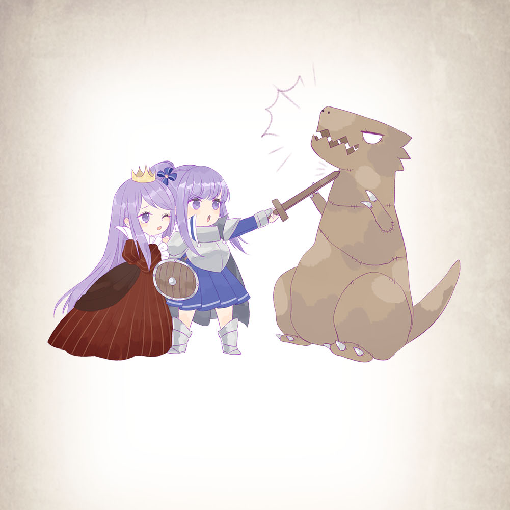 2girls, :o, ^^^, ace_(miracle_nikki), armor, armored_boots, artist_request, black_choker, blue_bow, blue_dress, boots, bow, bracer, breastplate, chibi, choker, collared_dress, crown, determined, dinosaur, dress, eyelashes, fighting, frilled_dress, frilled_sleeves, frills, game_cg, gown, grey_boots, hair_bow, high_collar, holding, holding_another's_arm, holding_shield, holding_sword, holding_weapon, juliet_sleeves, knee_boots, leaning_on_person, leaning_to_the_side, light_blush, long_dress, long_hair, long_sleeves, medium_dress, mini_crown, miracle_nikki, multiple_girls, nikki_(series), official_art, one_eye_closed, open_mouth, pauldrons, pleated_skirt, ponytail, princess, puffy_sleeves, purple_eyes, purple_hair, queen_elle_(miracle_nikki), red_dress, rescue, scared, shield, shoulder_armor, shout_lines, siblings, sidelocks, sisters, skirt, standing, striped_clothes, striped_dress, sword, third-party_source, v-shaped_eyebrows, vertical-striped_clothes, vertical-striped_dress, very_long_hair, weapon, white_background, yellow_crown