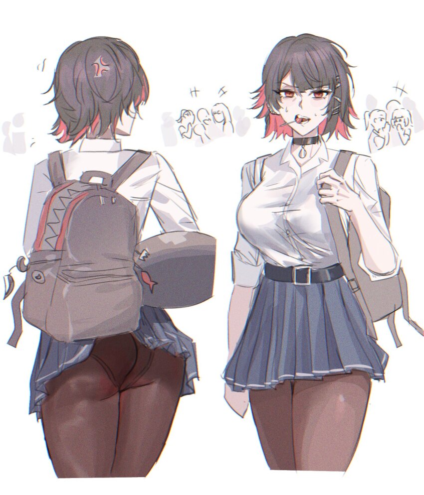 1girl, anger_vein, ass, backpack, bag, black_choker, black_hair, black_panties, black_pantyhose, blue_sky, breasts, choker, clothes_lift, cropped_legs, ellen_joe, ellen_joe_(on_campus), fins, fish_tail, food_in_mouth, gnarlypzofbread, highres, large_breasts, lollipop, lollipop_in_mouth, multicolored_hair, multiple_views, official_alternate_costume, panties, pantyhose, people, red_eyes, red_hair, school_uniform, shark_girl, shark_tail, shirt, short_hair, simple_background, skirt, skirt_lift, sky, tail, two-tone_hair, underwear, wardrobe_malfunction, white_background, white_shirt, zenless_zone_zero