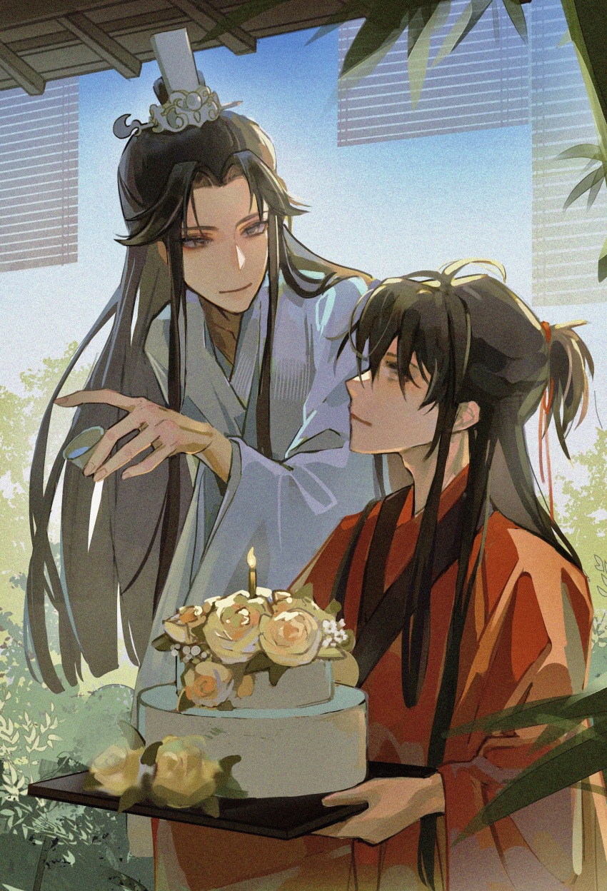 2boys, absurdres, bishounen, black_hair, blue_sky, cake, candle, chinese_clothes