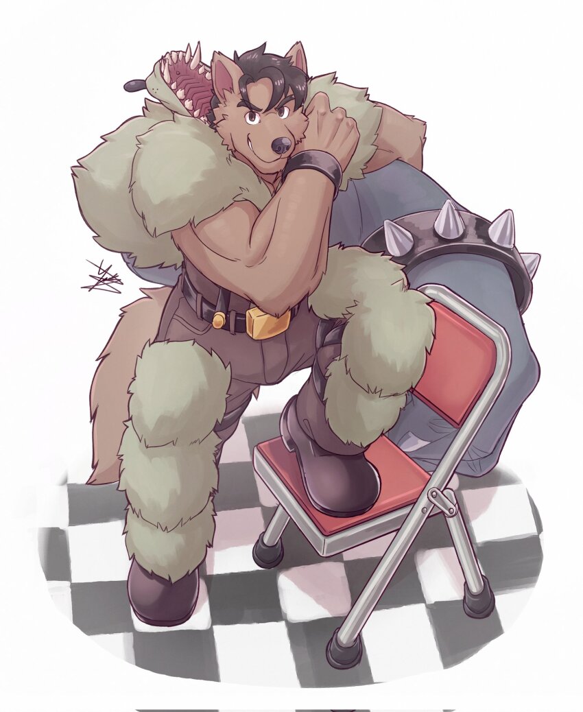1boy, animal_ears, beowulf_(skullgirls), bracelet, chair, checkered_floor, commentary, english_commentary
