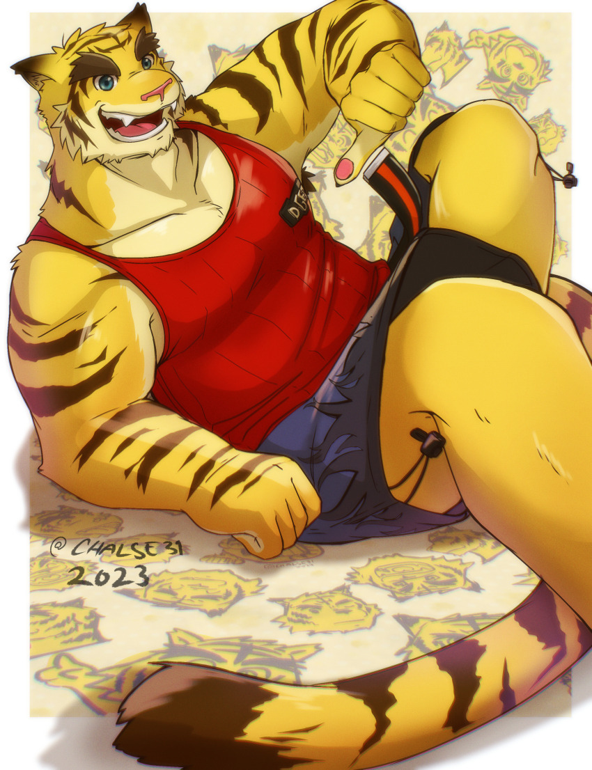 1boy, absurdres, animal_ears, artist_name, blue_shorts, chalse31, claws, fangs