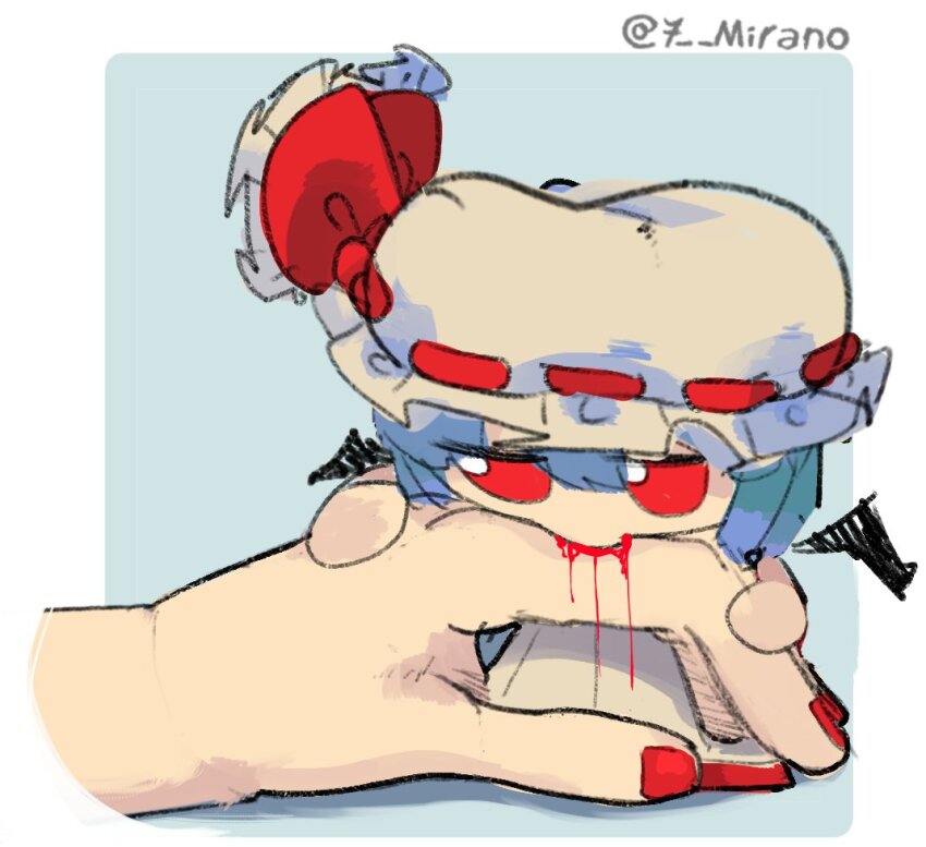 1girl, 1other, 7-mirano, bat_wings, biting, biting_finger, blood, blue_hair