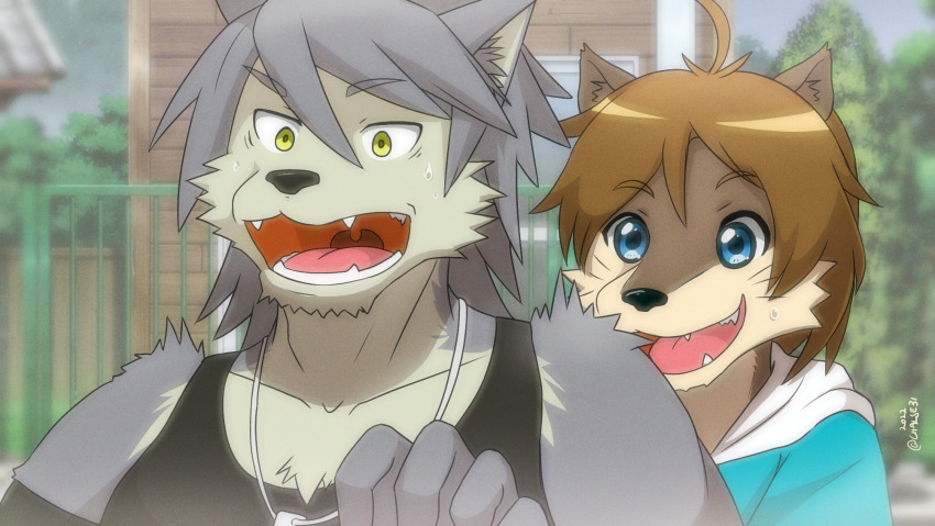 2boys, ahoge, animal_ears, artist_name, black_shirt, black_tank_top, blue_hoodie, chalse31